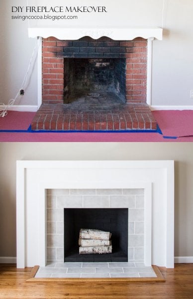 Brick to Tile Modern Fireplace Makeover