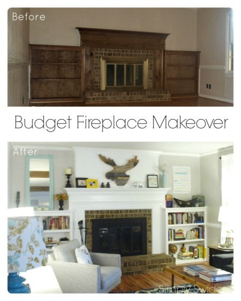 Brick Fireplace Remodel with Faux DIY Chimney Painted White Built-In Shelves