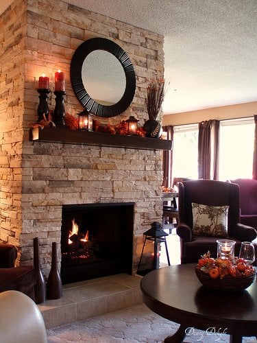 Stone Veneer Fireplace over Brick Hearth and Fireplace