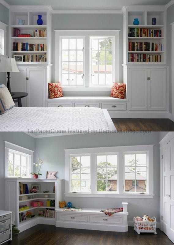 Beautiful craftsman style built-in window seat ideas with shelving around the window, by TarPaperCrane