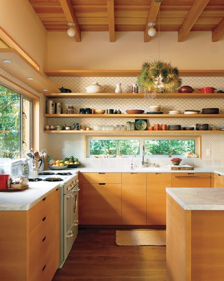 wood kitchen cabinets with open shelvings, The Brick House
