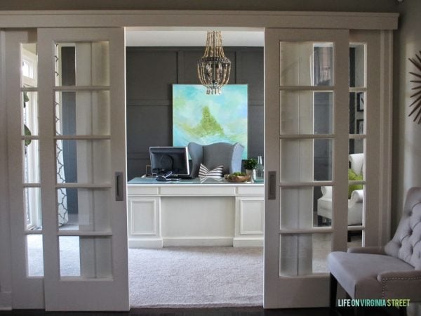 beautiful home office with board and batten and wood bead chandelier, Life on Virginia Street on Remodelaholic