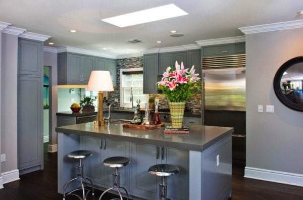 L shaped kitchen layout in gray with kitchen island via DecorPad