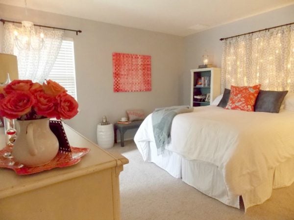 bedroom makeover with lighted curtain headboard