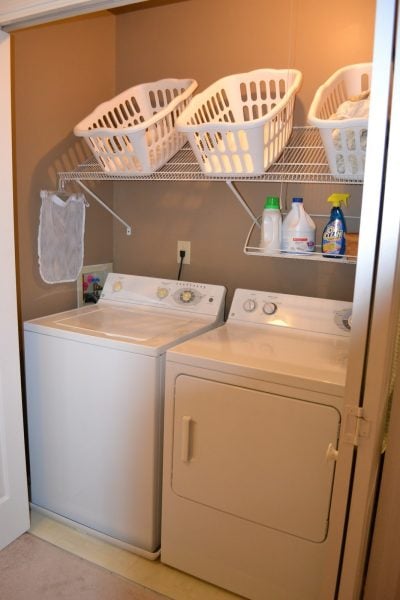 small laundry closet with basket shelves, Hold On to Your Hats