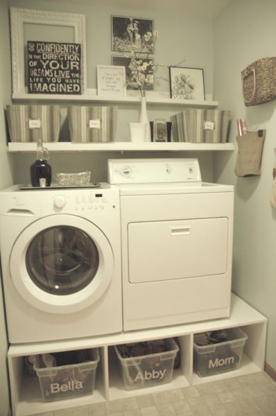 small laundry room mud room makeover, with pedestals and shelves, Tremendously Thrifty