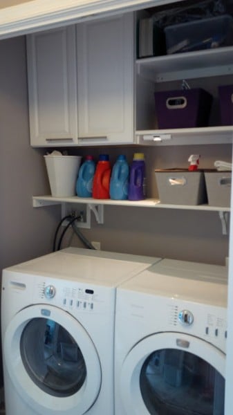tiny laundry room closet with built-in cabinets and shelf, DIY Misadventures