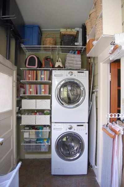tiny organized laundry space with stacked washer and dryer, Pooksa Girl