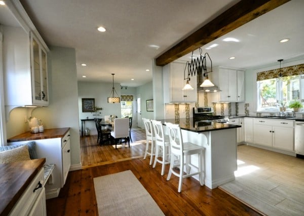 open remodeled G-shape kitchen floor plan and dining room, Remodelaholic