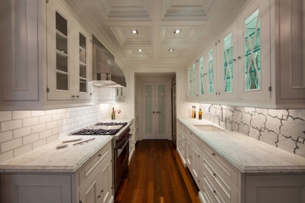 gally kitchen layout with white marble via DecorPad