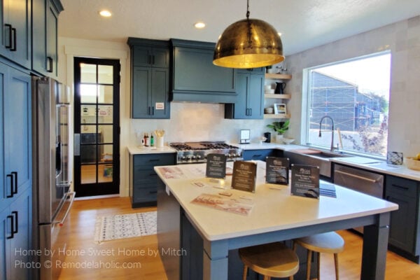 Gray Green Kitchen U Shape Layout Floor Plan With Square Island, Remodelaholic UV21 H14