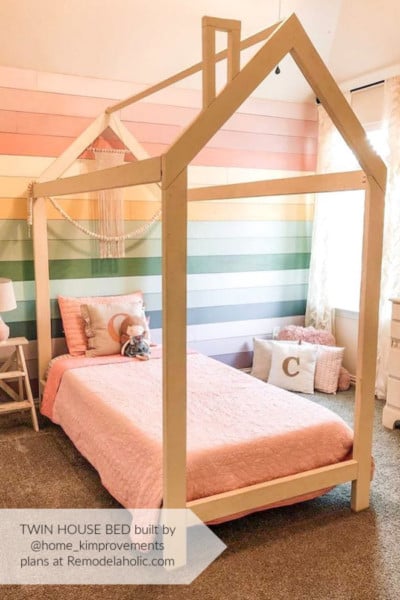 Home Kimprovements Twin House Bed Frame With Rainbow Shiplap Wall, Twin Bed Plans By Remodelaholic WM